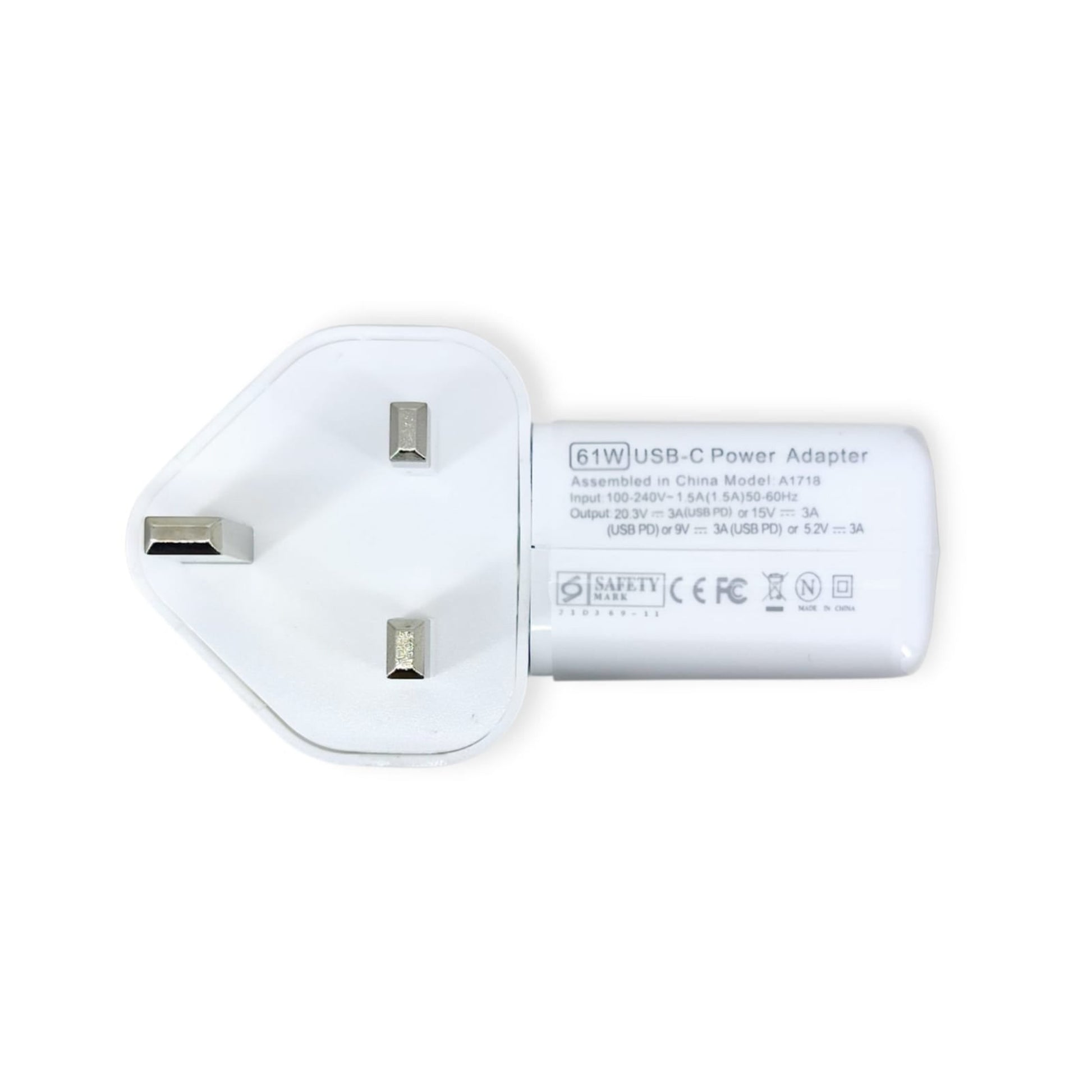 Close-up of the 61W USB-C power adapter specifications, compatible with model A1718.