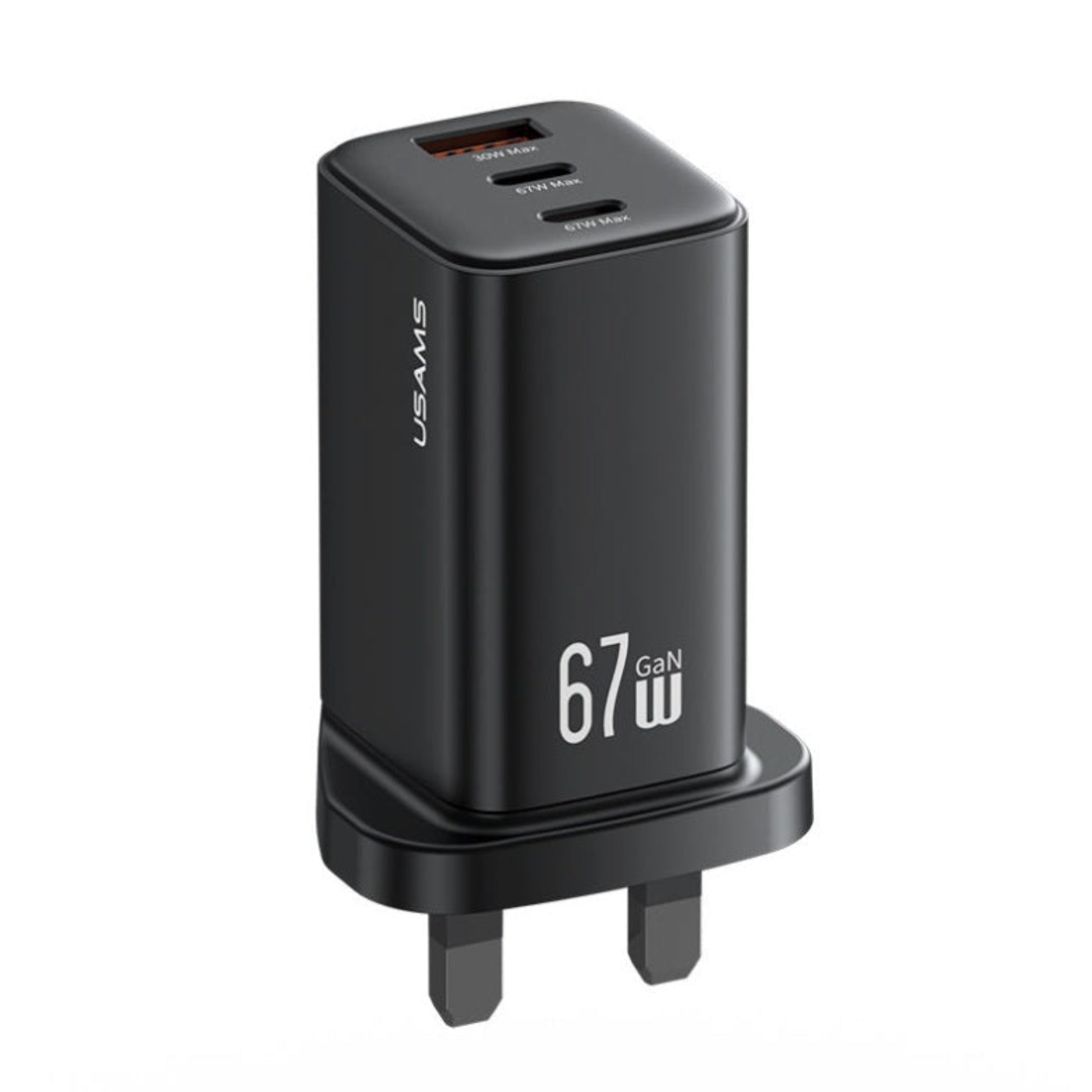 UK 3-pin plug profile of the USAMS 67W GaN wall charger.
