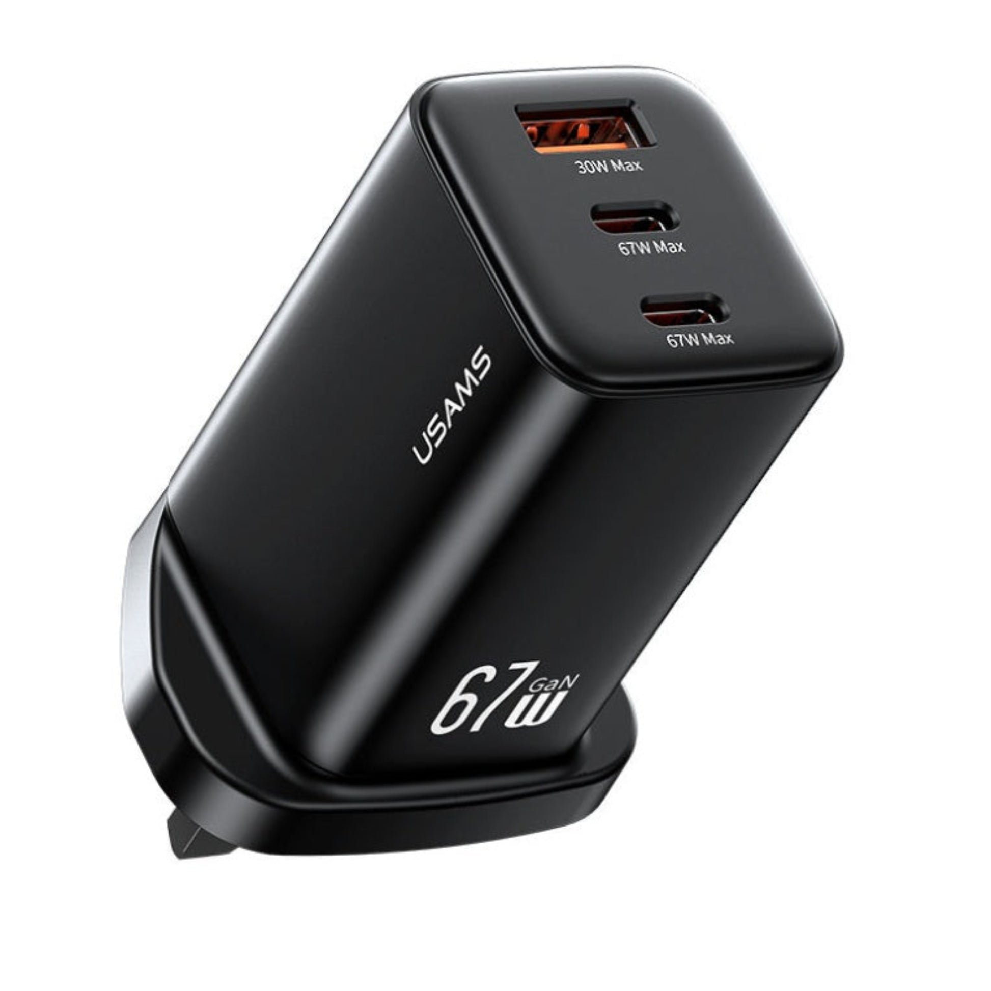 UK 3-pin plug profile of the USAMS 67W GaN wall charger.