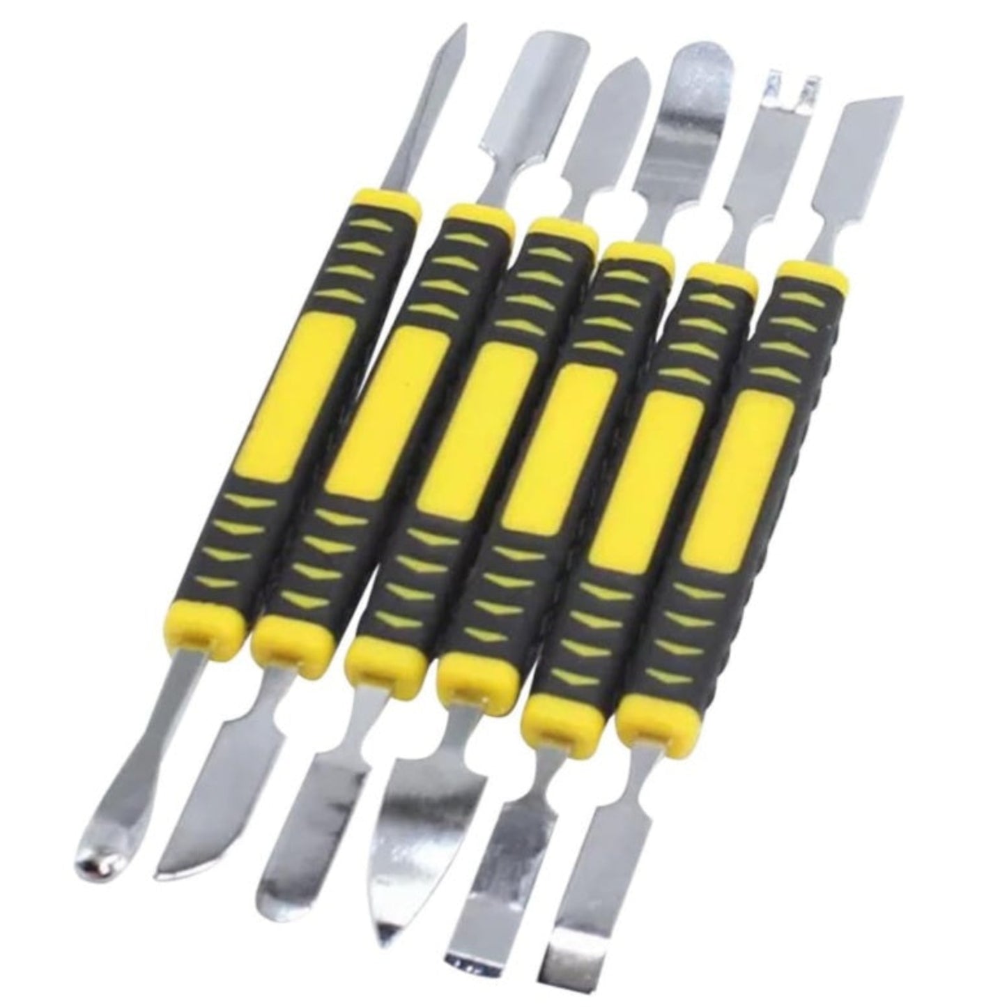 6-piece metal spudger set with yellow and black handles for electronics repair.