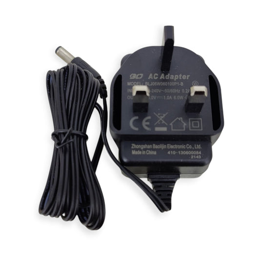 Black 6V 1A power adapter with UK plug, ideal for various electronic devices.