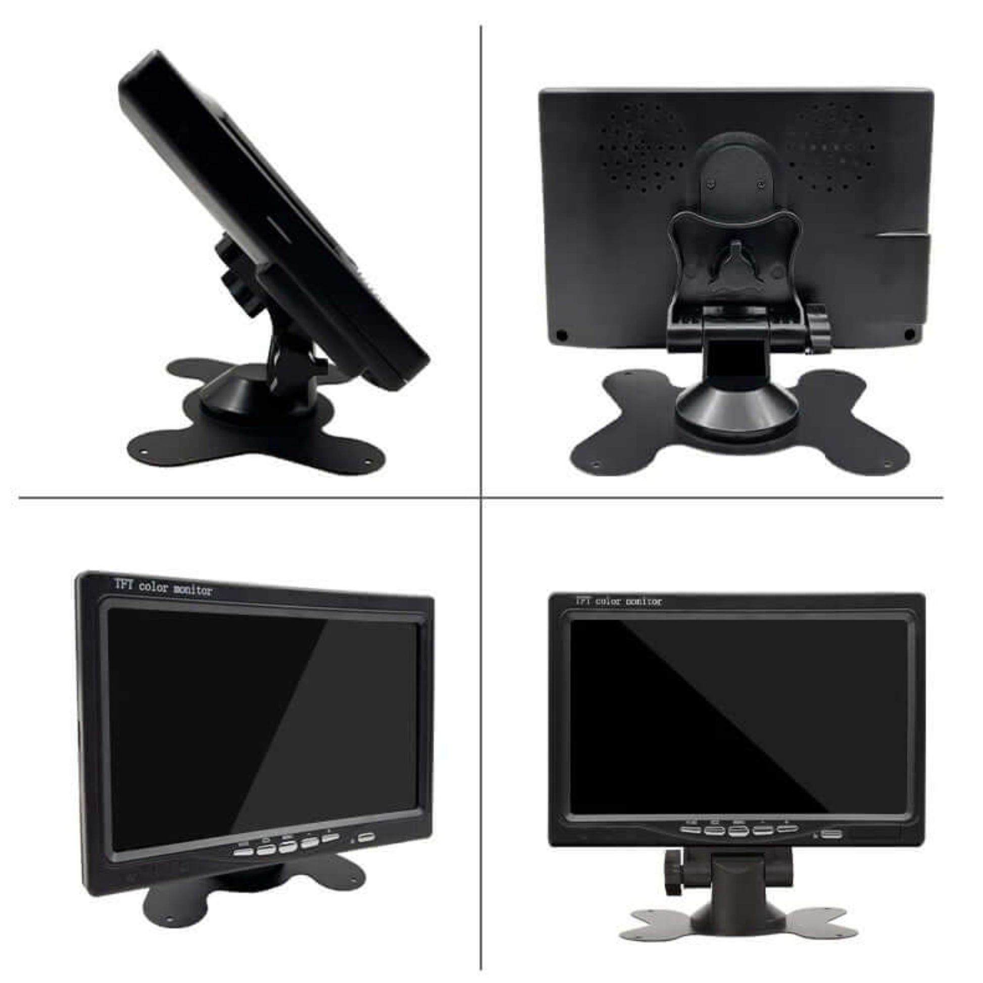 7-inch HD CCTV monitor showcased from multiple angles, highlighting split-screen feature and sturdy stand.
