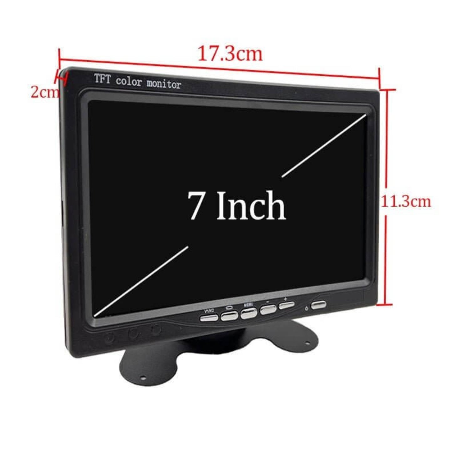 7" HD CCTV monitor with dual video input and split-screen functionality, ideal for security surveillance.