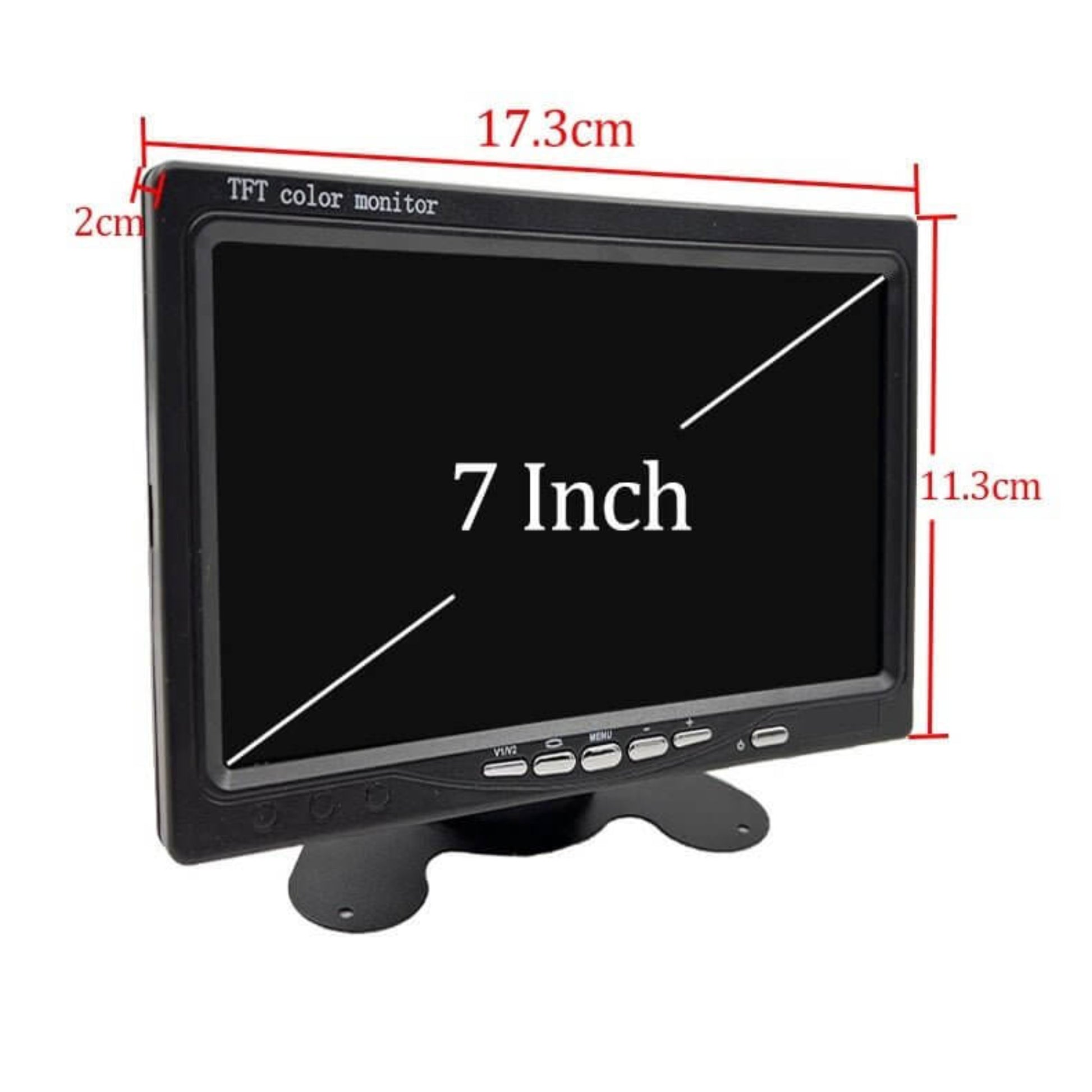 7" HD CCTV monitor with dual video input and split-screen functionality, ideal for security surveillance.