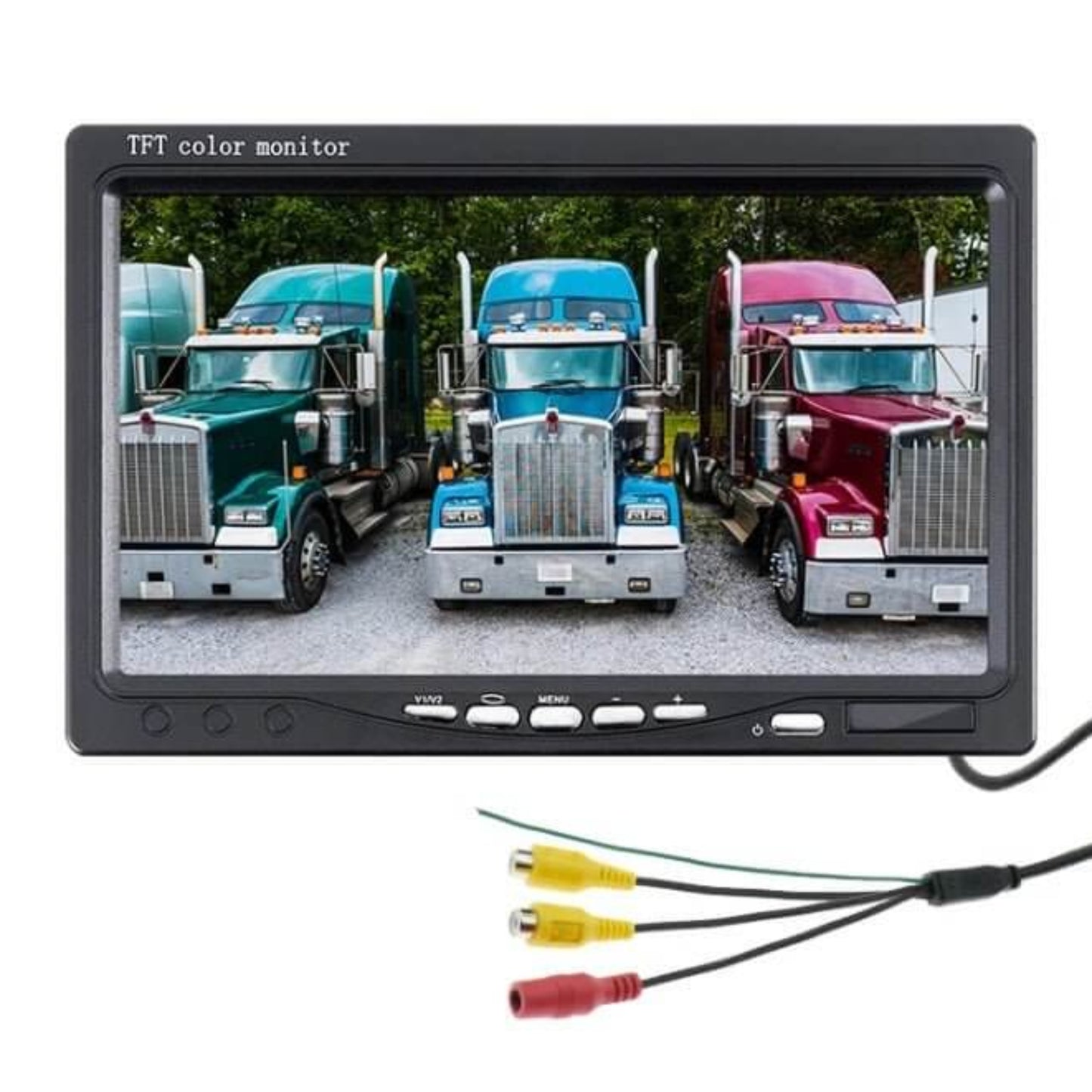 7-inch HD CCTV monitor displaying three trucks, ideal for security systems with dual video inputs and split-screen capability.