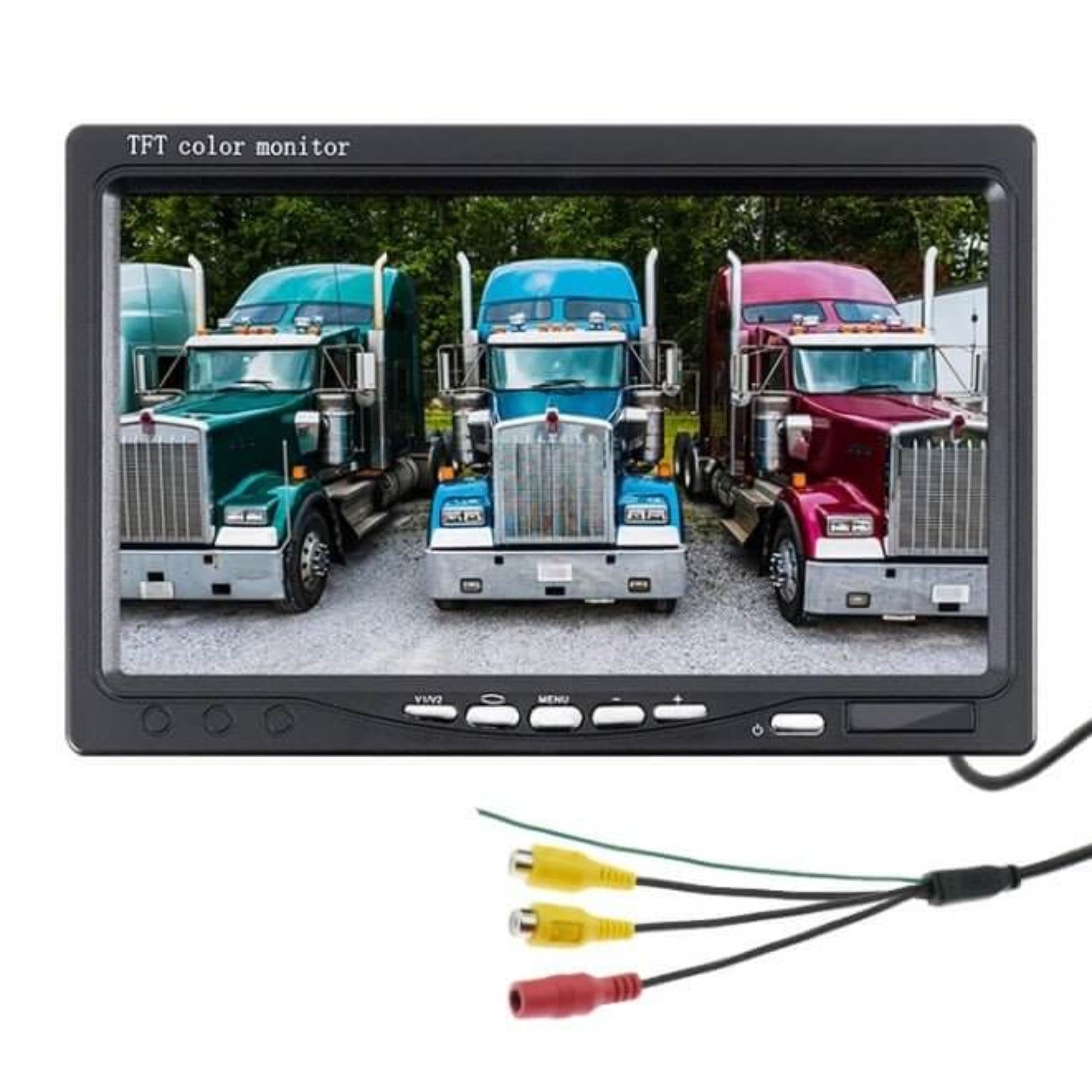 7-inch HD CCTV monitor displaying three trucks, ideal for security systems with dual video inputs and split-screen capability.