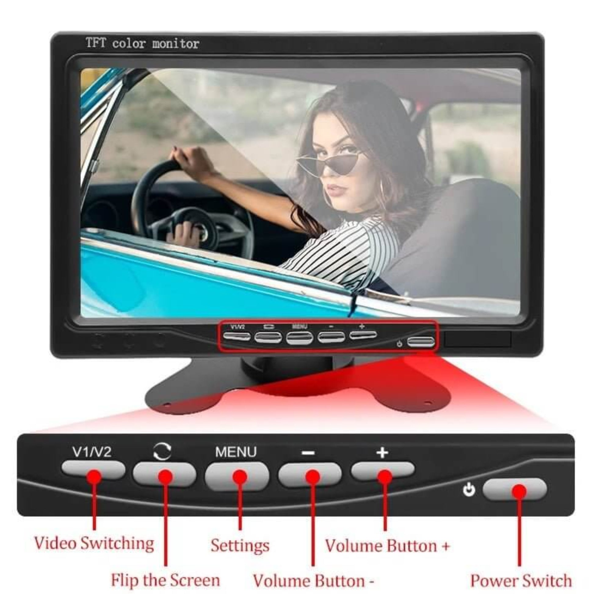 7-inch HD CCTV monitor with controls showing split-screen functionality for security monitoring