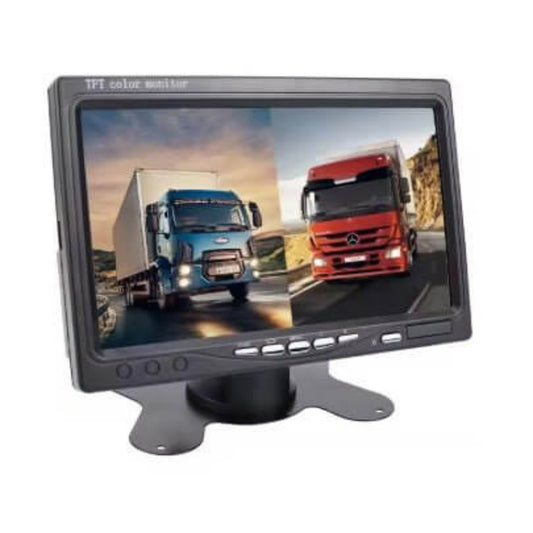 7-inch HD CCTV monitor displaying split screen with two trucks for enhanced security monitoring.