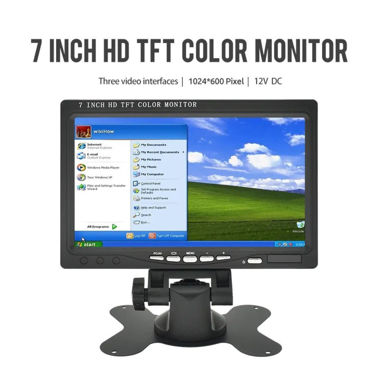 7 inch HDMI VGA AV LCD monitor displaying Windows interface with 1024x600 resolution, ideal for CCTV and mini TV use.