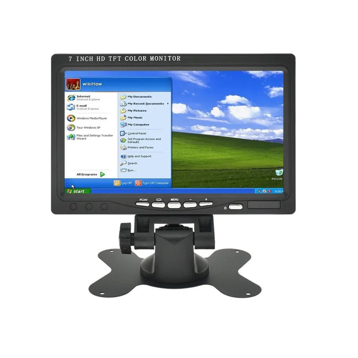 7寸高清 TFT 彩色顯示器正面視圖，展示 Windows 桌面畫面、實體控制按鍵及 1024x600 像素的高清顯示效果。