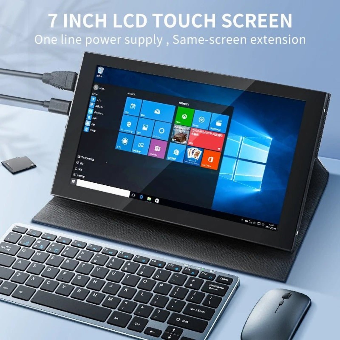 7 inch LCD touch screen with Windows interface, featuring one line power supply and keyboard setup for Raspberry Pi.
