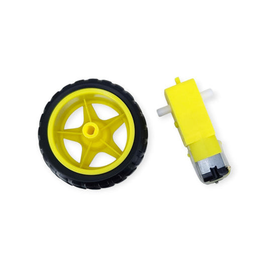 A 70mm yellow and black robot wheel next to a yellow 3-6V DC gear motor, shown separately.
