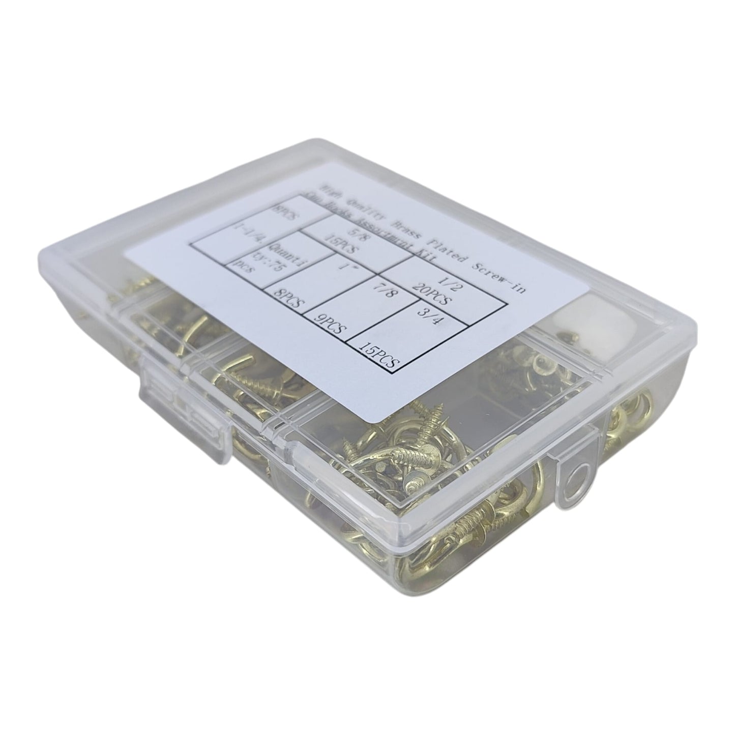 Angled view of a 75 piece brass cup hook set in a compartmentalized storage case.