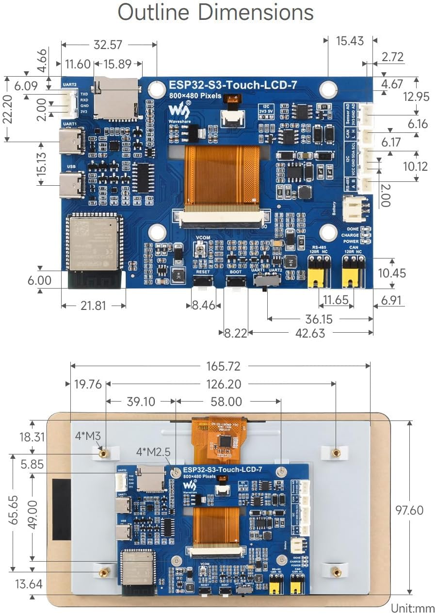Outline dimensions of the ESP32-S3 development board with 7 inch capacitive touch LCD and detailed component layout.