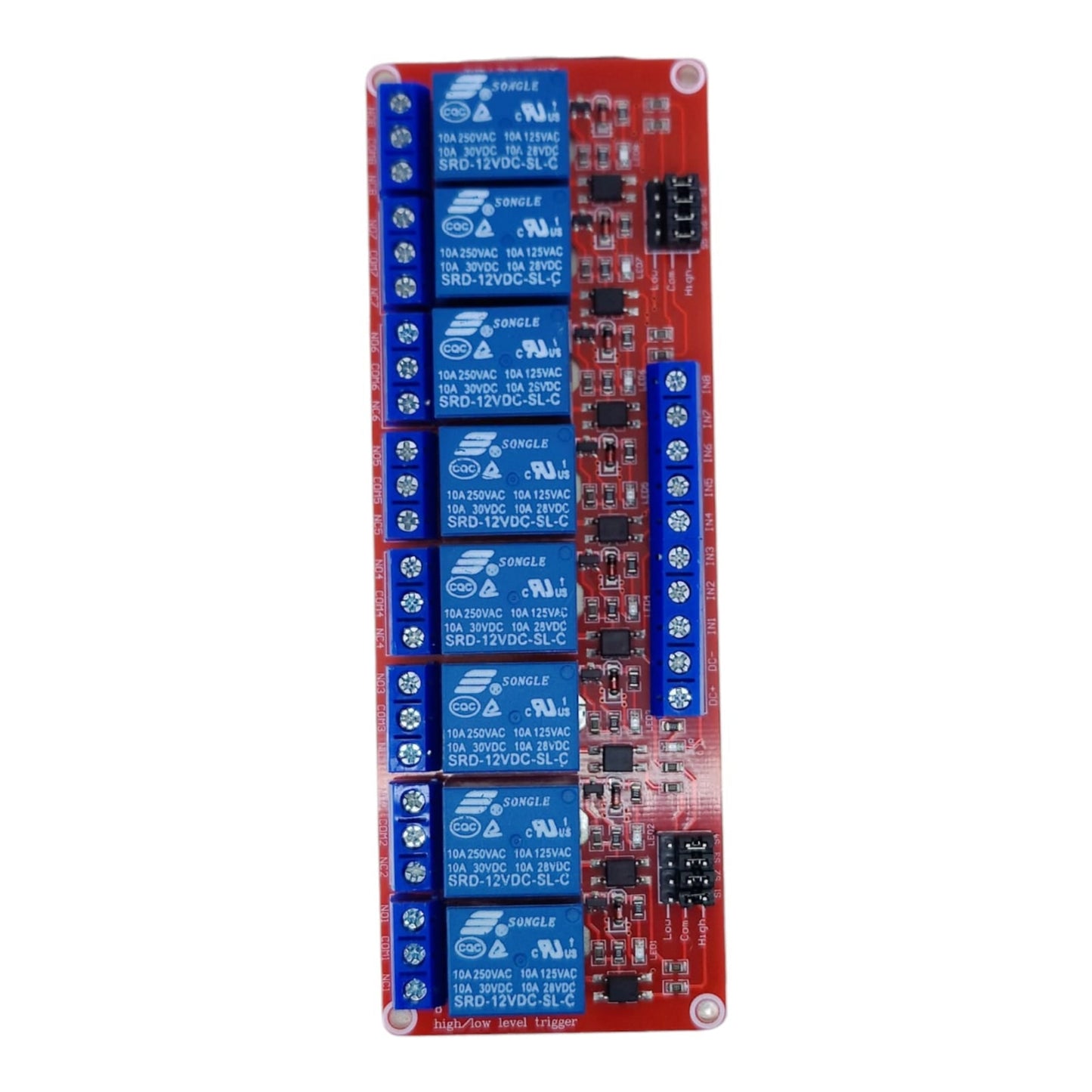 Top-down view of the 8-channel 12V relay module, showing the Songle relays and input/output terminals.