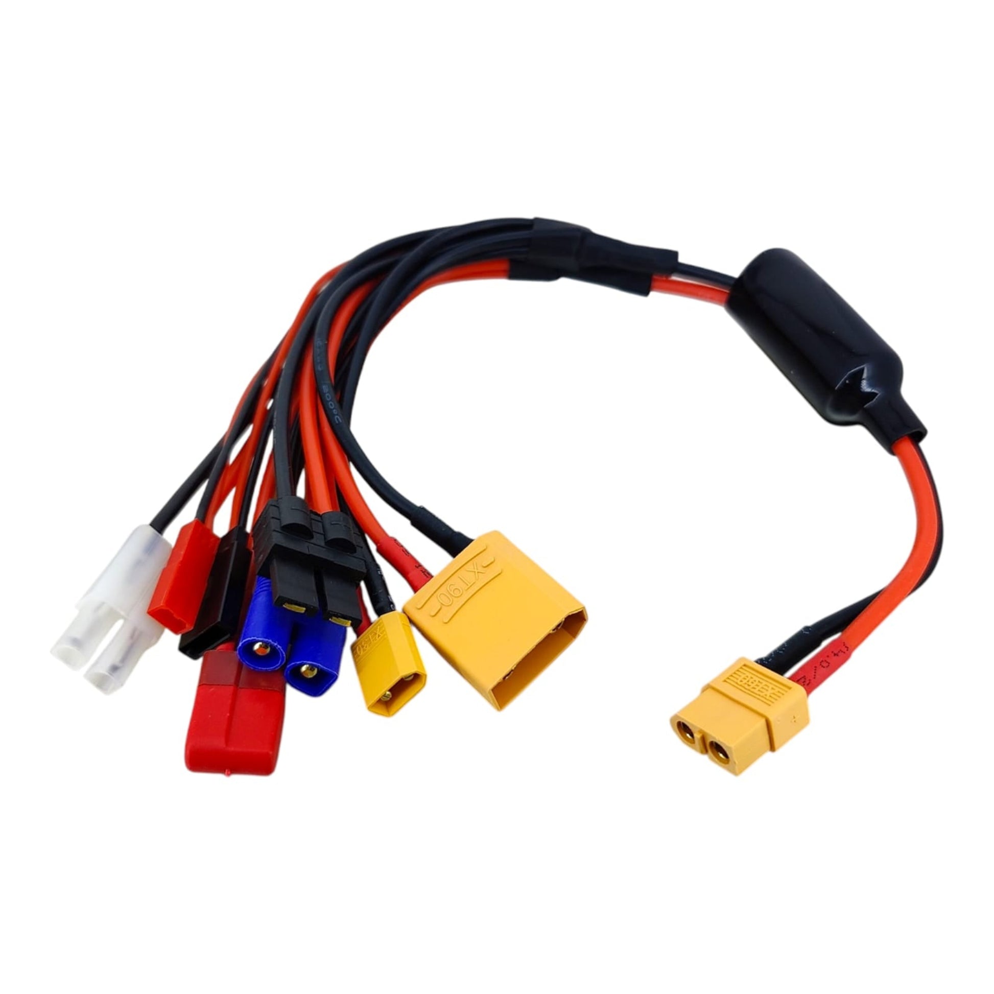 An 8-in-1 RC battery charging adapter cable, also known as an octopus harness, fanned out on a white background.