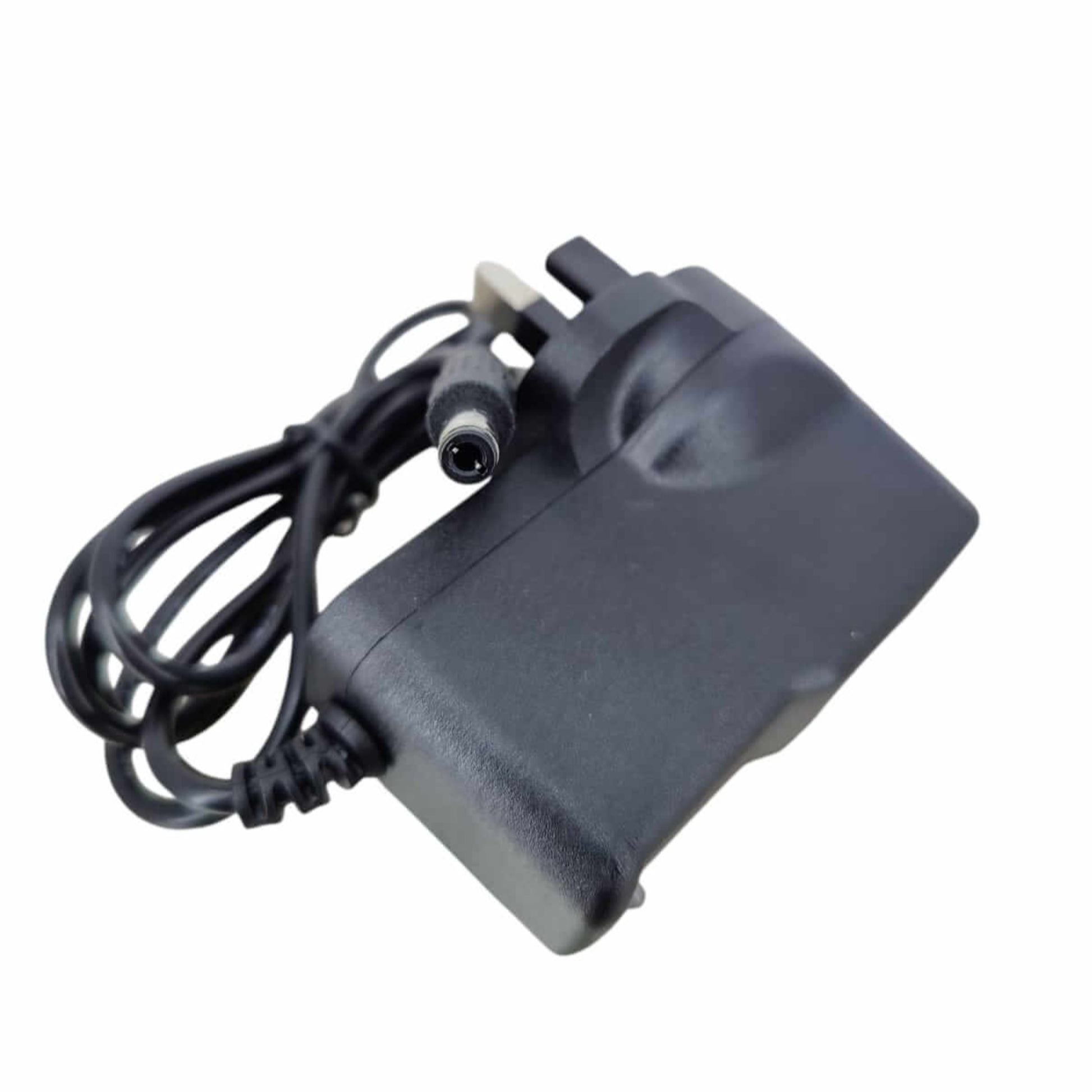8.4V 1A Li-ion battery charger with 5.5x2.1mm DC plug and UK plug for efficient charging.