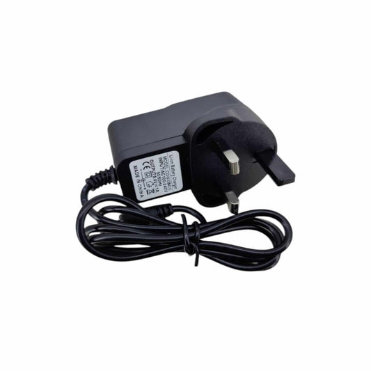 8.4V 1A Li-ion battery charger with UK plug and 5.5x2.1mm DC connector for safe charging.