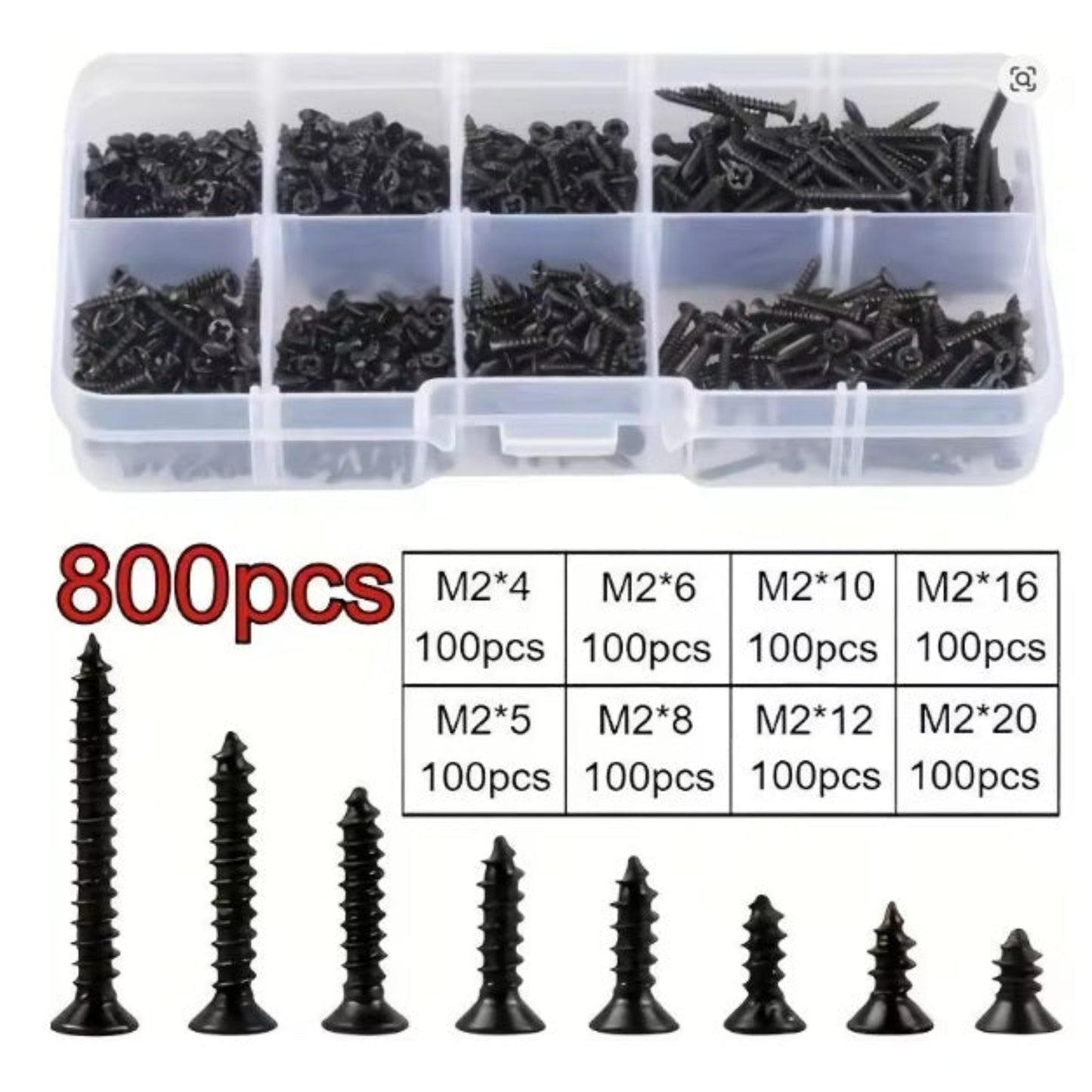 800 pieces M2 black carbon steel self-tapping screw assortment kit in a plastic divider box.