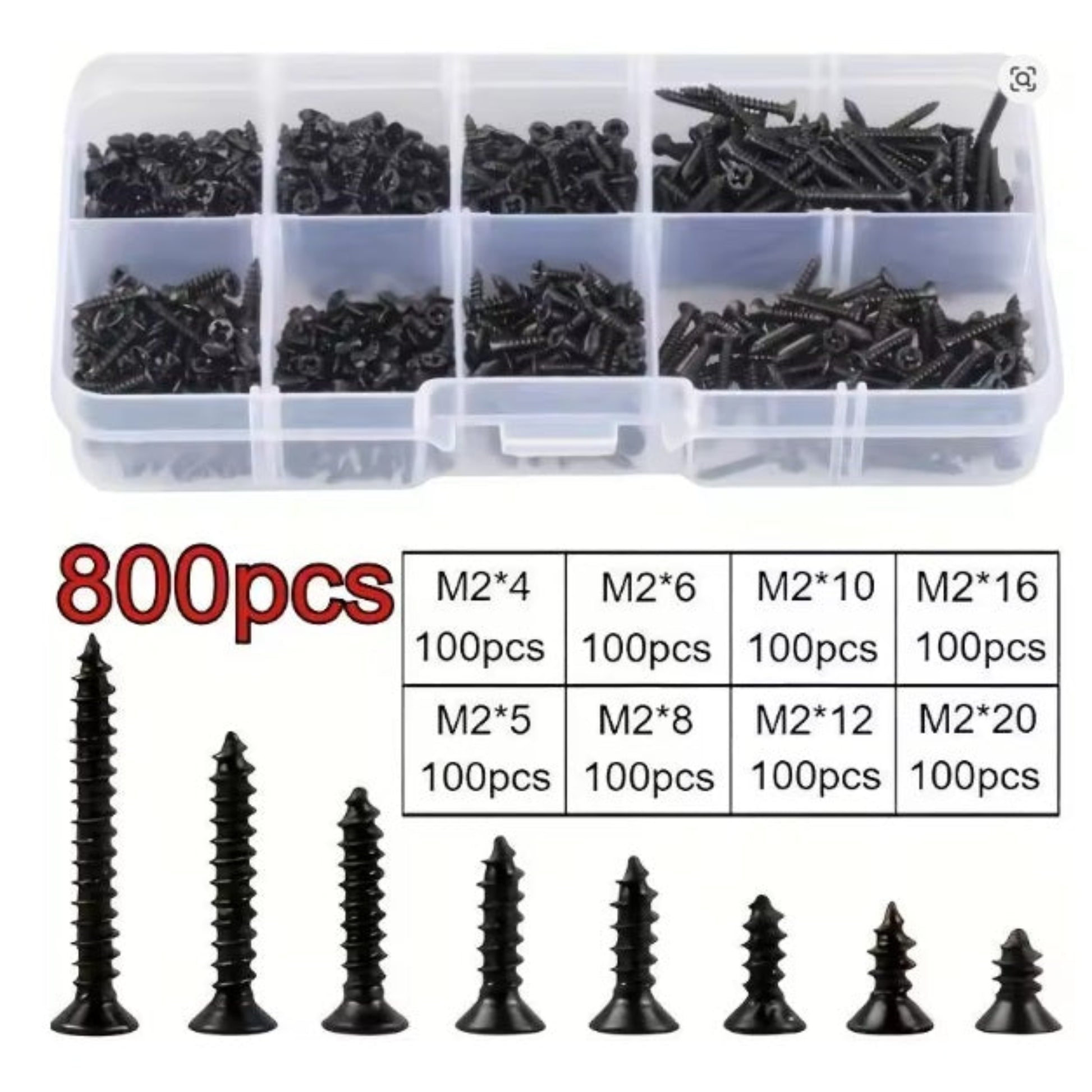 800 pieces M2 black carbon steel self-tapping screw assortment kit in a plastic divider box.