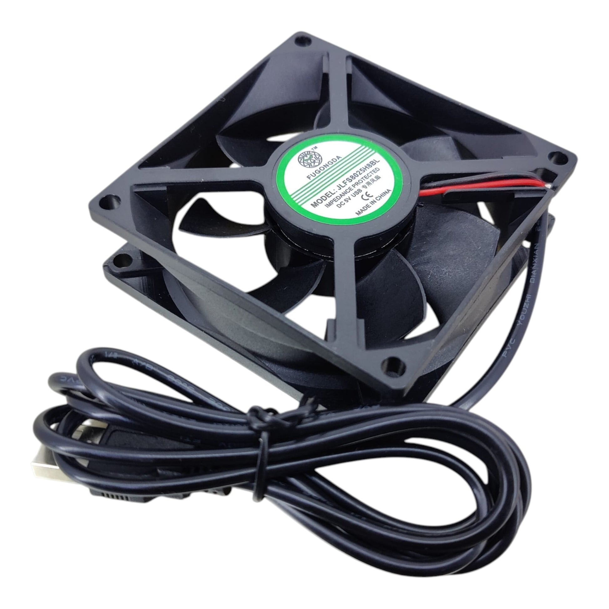 8025 brushless DC fan showing the 1-meter cable and standard USB Type-A connector.