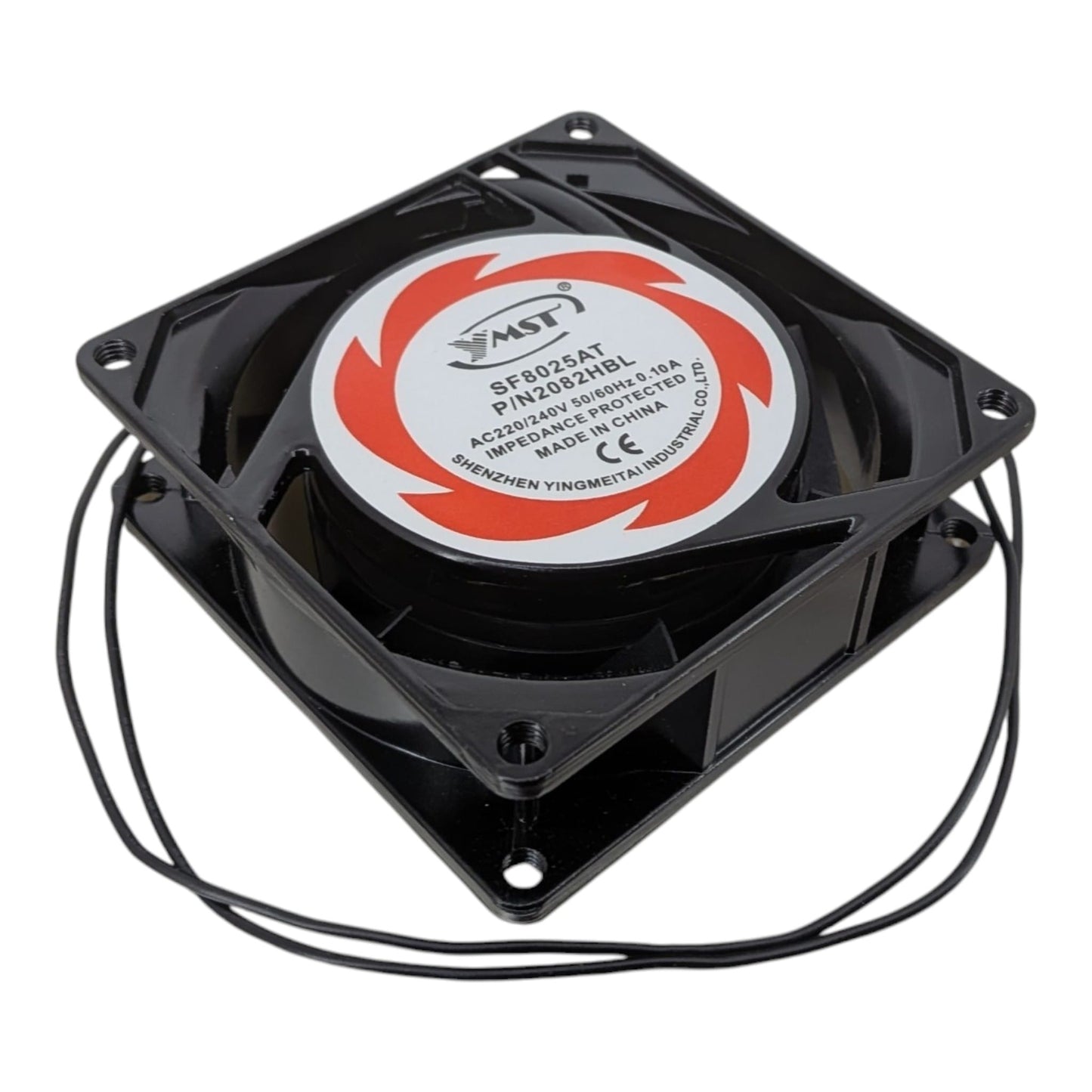 8cm 220V 交流散熱風扇正面特寫，清晰顯示 MST 品牌及 Impedance Protected 阻抗保護安全認證。