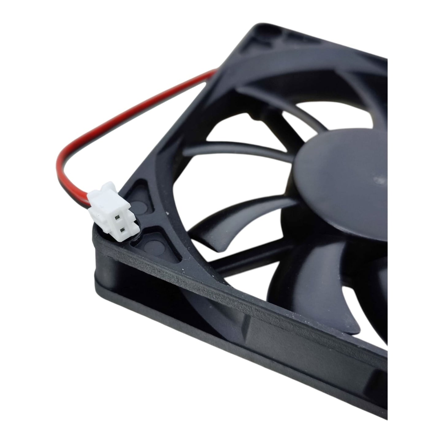 Close-up of the 2-pin white power connector on the 80mm 24V DC fan.