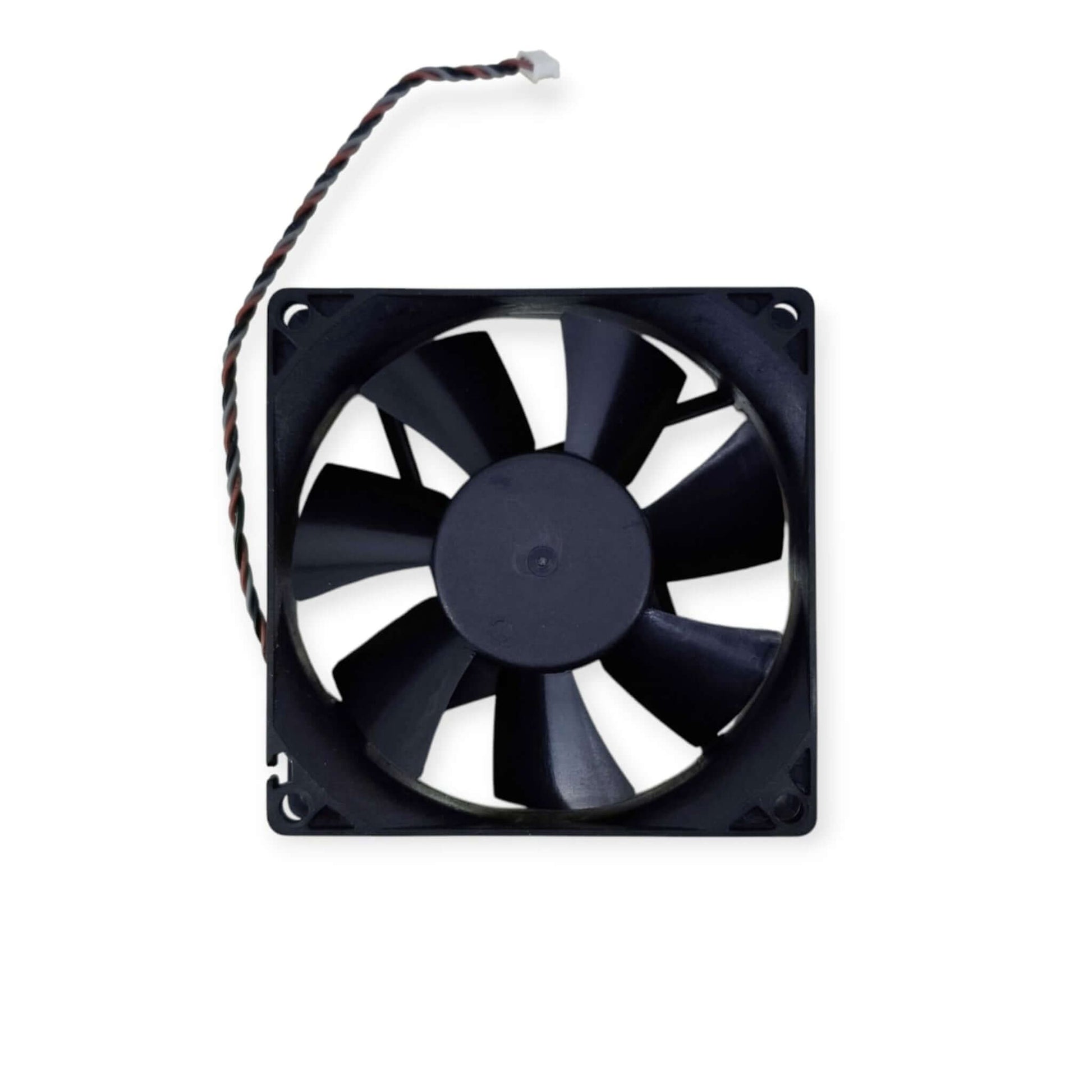 An 80mm black computer case cooling fan with seven blades and a 3-pin power connector.