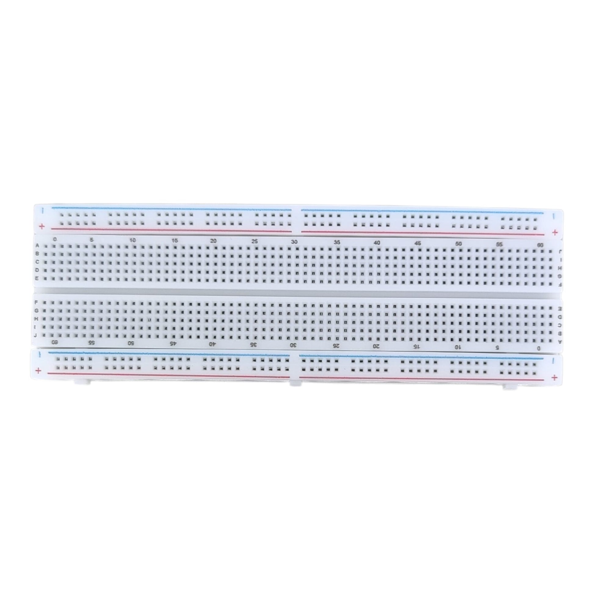 830孔無焊麵包板頂視圖，具備紅藍電源軌與清晰座標標示，適合 Arduino、Raspberry Pi 電路原型設計與 STEM 教育使用。