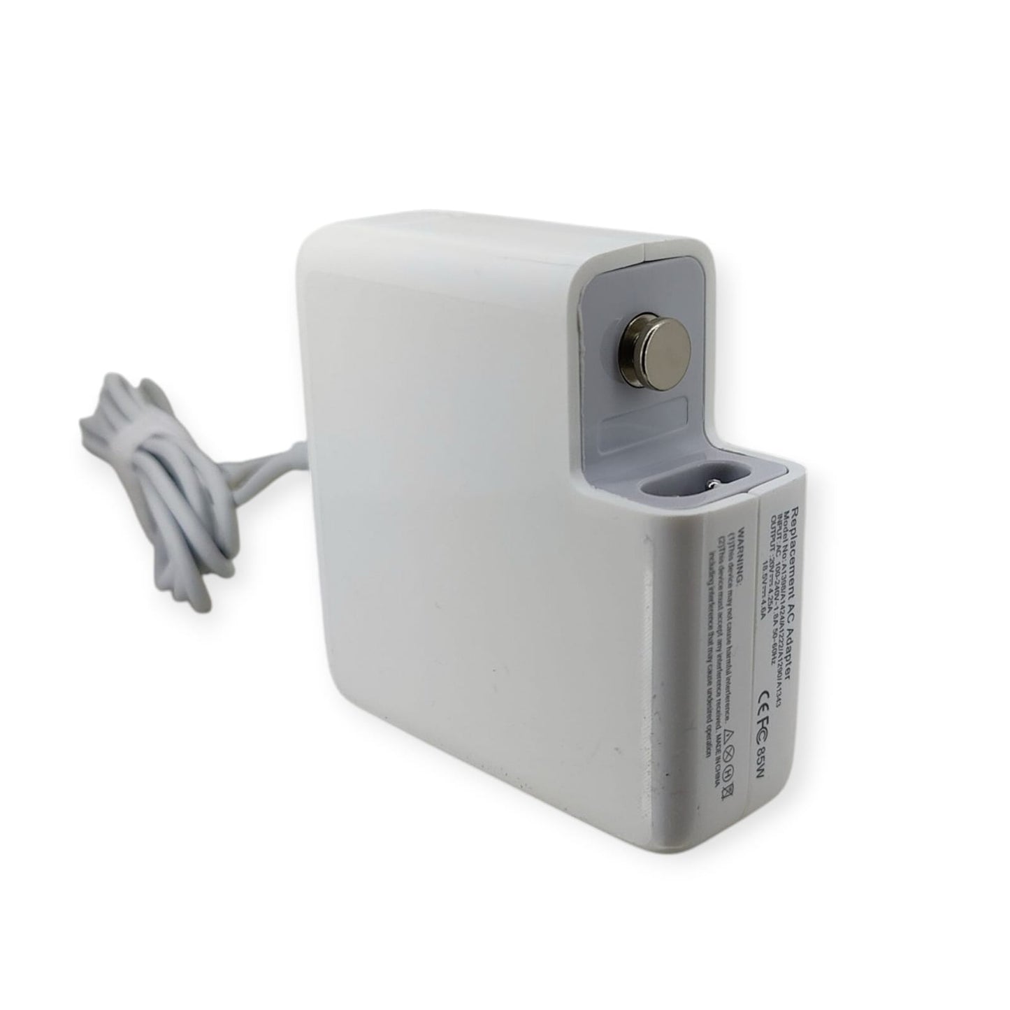 View of the 85W MagSafe 1 adapter showing the side port where the AC plug "duckhead" connects.