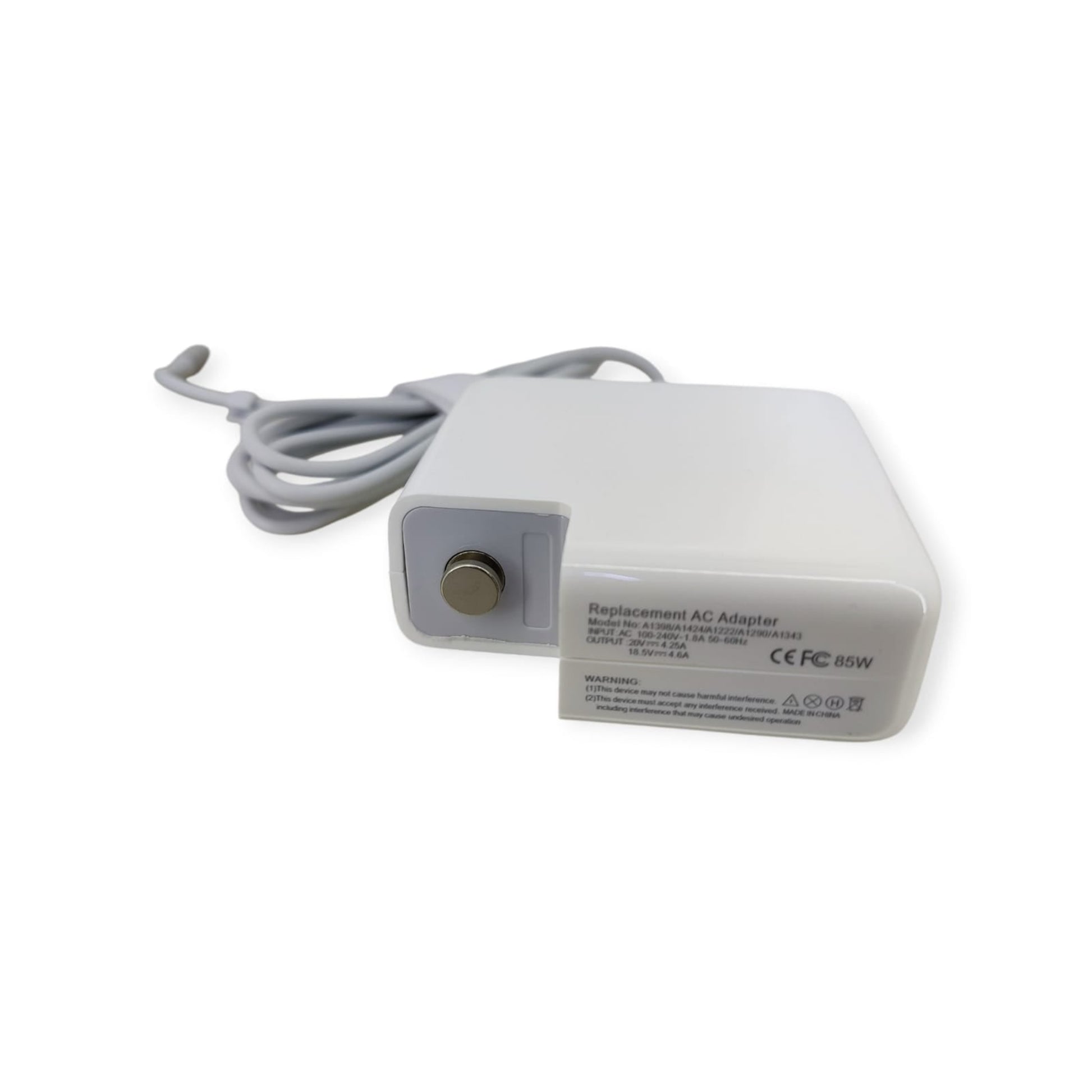 Side view of the 85W replacement AC adapter detailing the specification label, showing 85W output (20V/4.25A).
