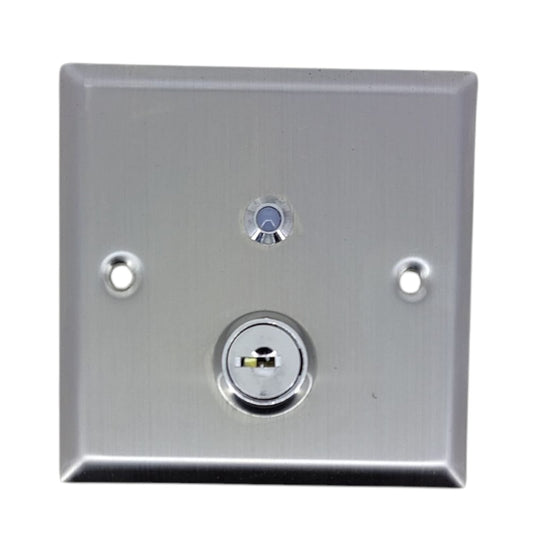 Front view of a stainless steel 86-type access control key switch with an LED indicator.