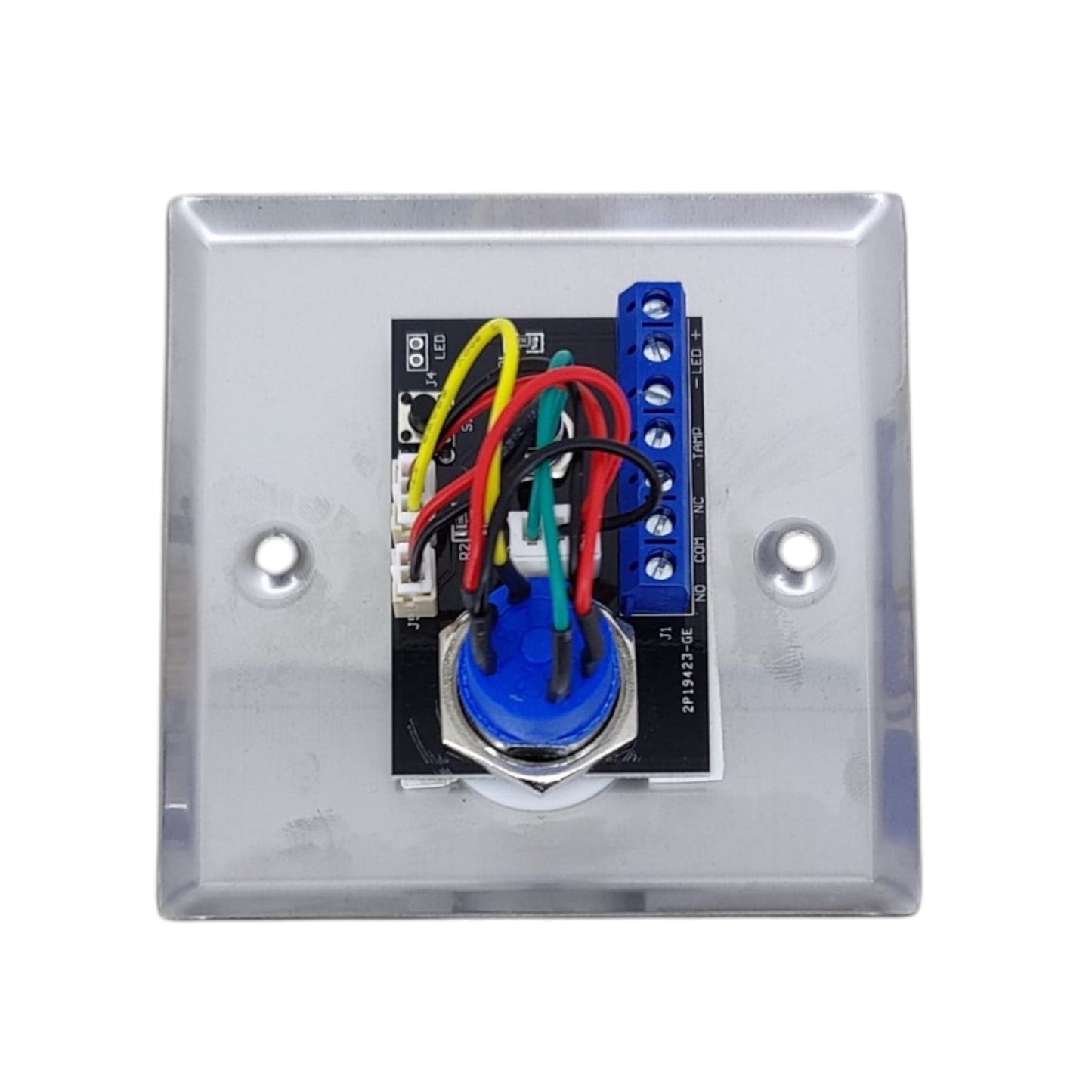 Rear view of the access control key switch showing the NO, NC, COM, and LED wiring terminals.