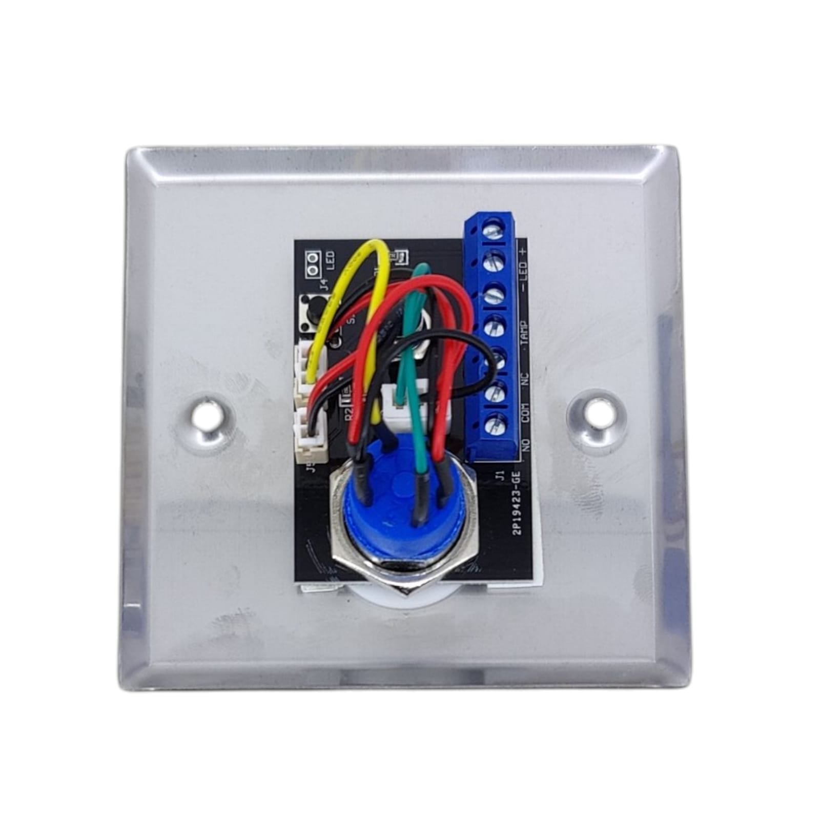 Rear view of the access control key switch showing the NO, NC, COM, and LED wiring terminals.