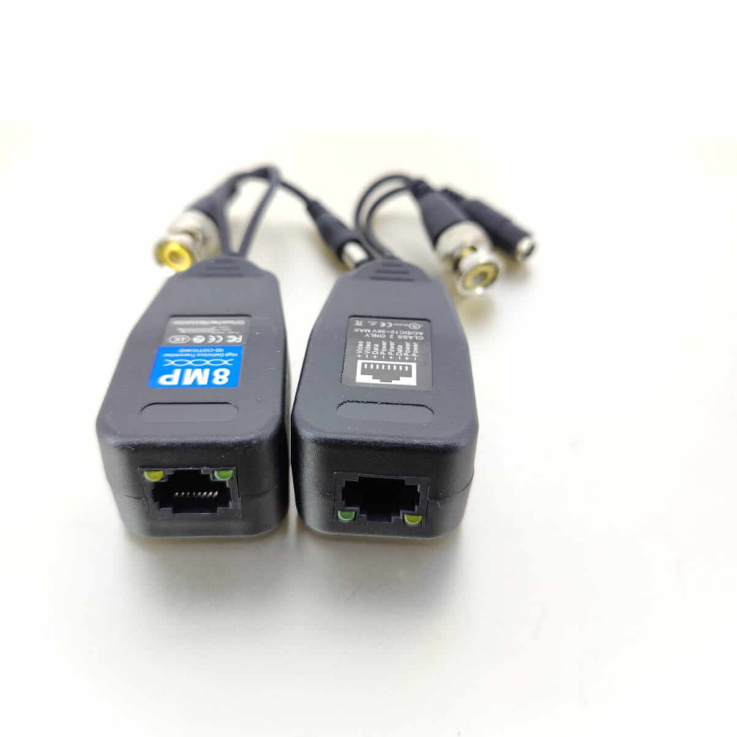 8MP 4K Passive Video & Power Balun pair for HD-CVI/TVI/AHD CCTV systems on a white background.