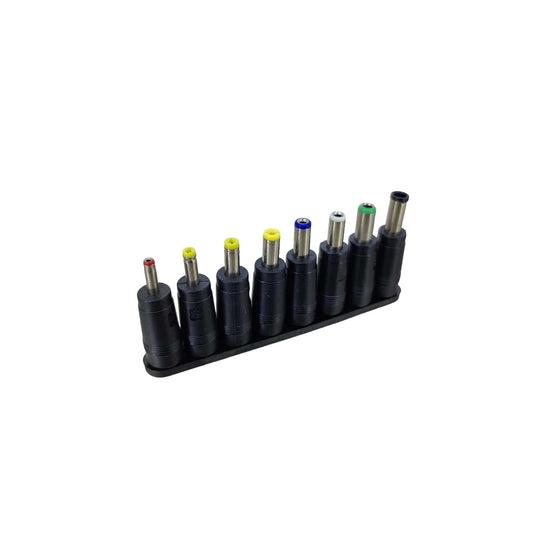 8-piece universal DC AC power adapter tips set, various sizes, for laptops & electronics, front view.