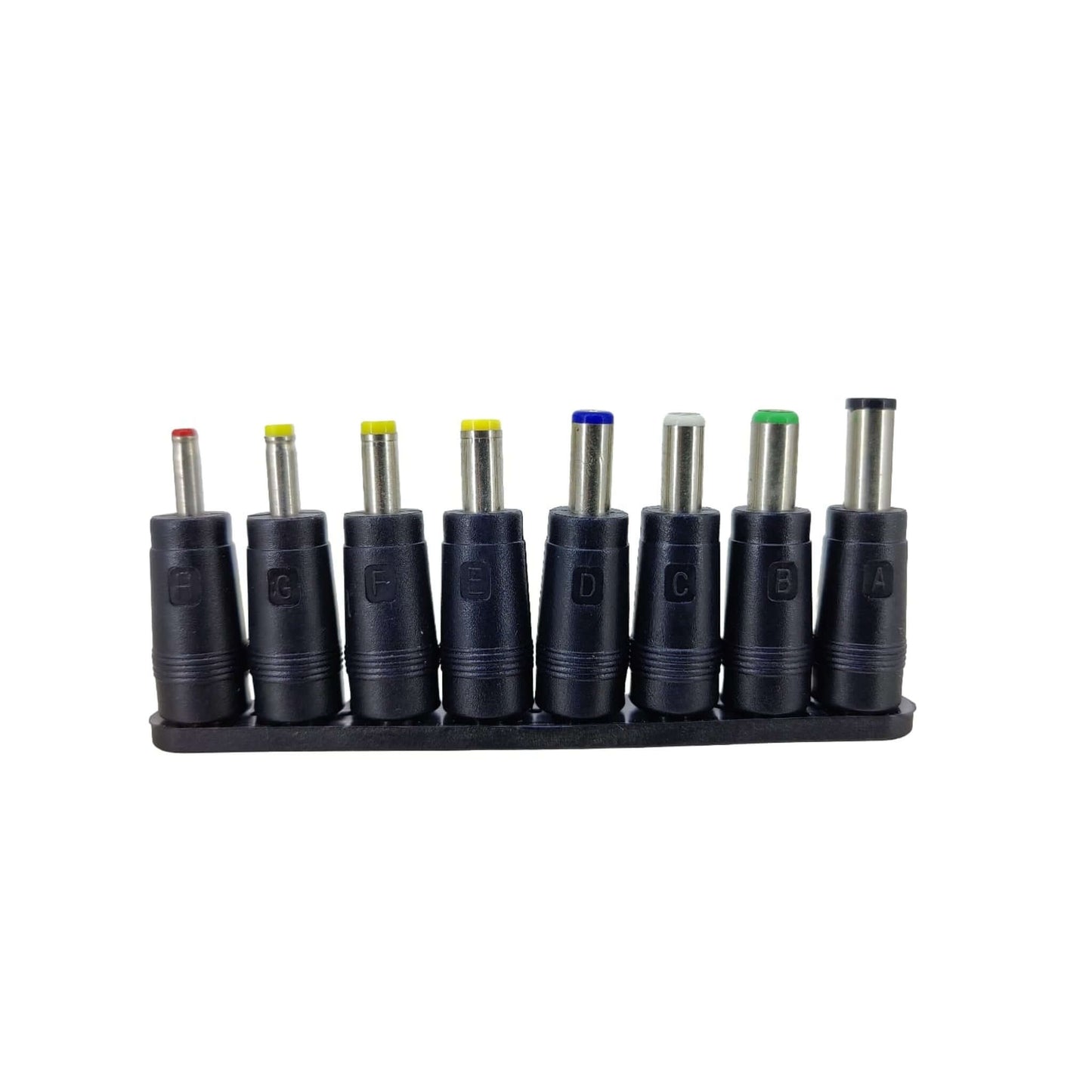 Universal 5.5x2.1mm DC AC power adapter tips, color-coded, labeled A-G, for multi-device charging.