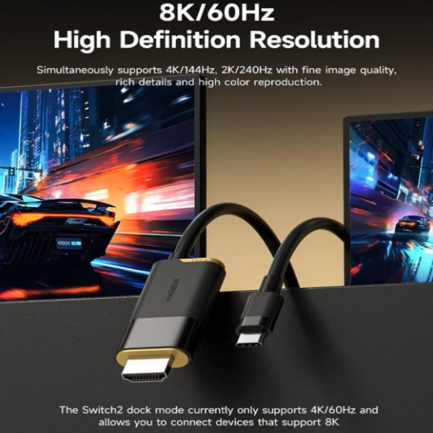8K 60Hz high definition resolution gaming visuals on monitors connected via Hagibis USB-C to HDMI cable.