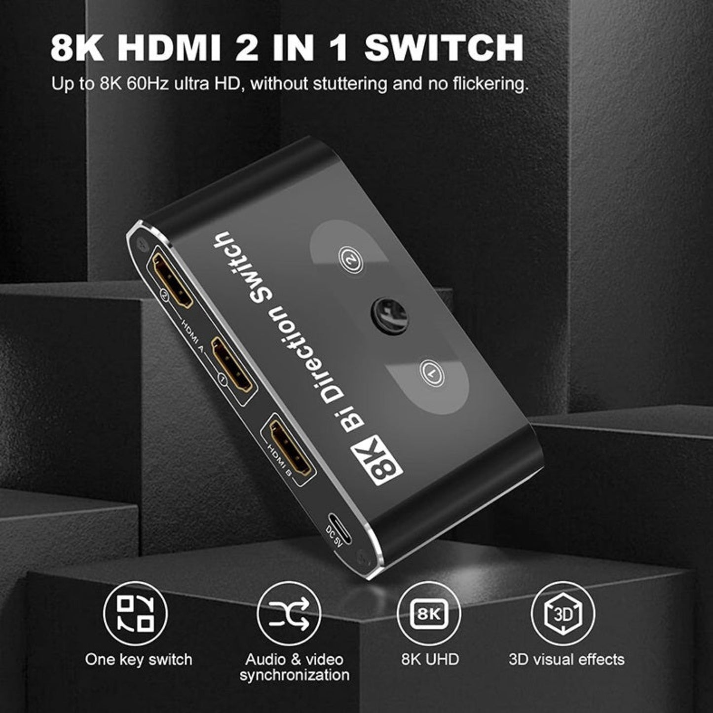 黑色 8K HDMI 2.1 雙向切換器 HS-300A，展示雙 HDMI 接口及一鍵切換按鈕，適合香港蝸居打機佈局。