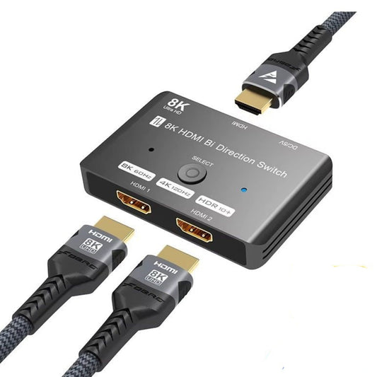 8K HDMI Bi-Directional Switch featuring 2 in 1 out, supports 8K 60Hz and 4K 120Hz for seamless device switching.