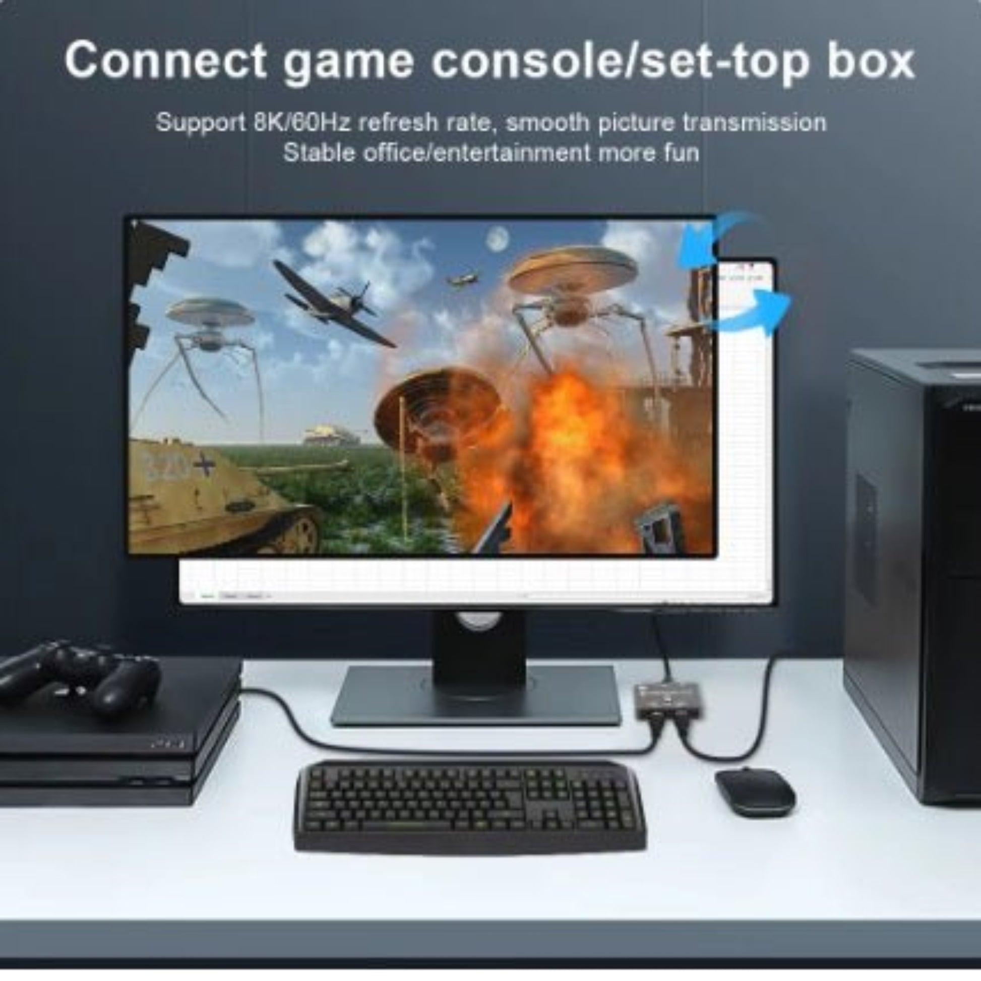 Monitor displaying 8K gaming visuals, illustrating the HDMI bi-direction switch connection for consoles and PCs.