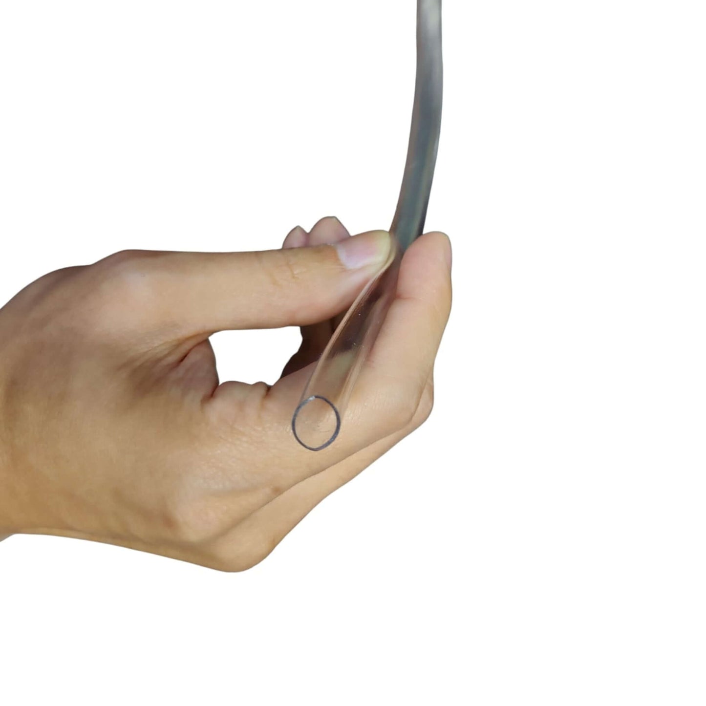 Hand holding 8mm internal diameter clear flexible hose showing transparency.