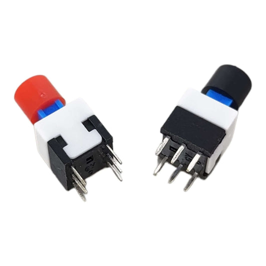 Mini on-off latching push button switch with cap, 6 pin configuration for PCB layout, ideal for home appliances.