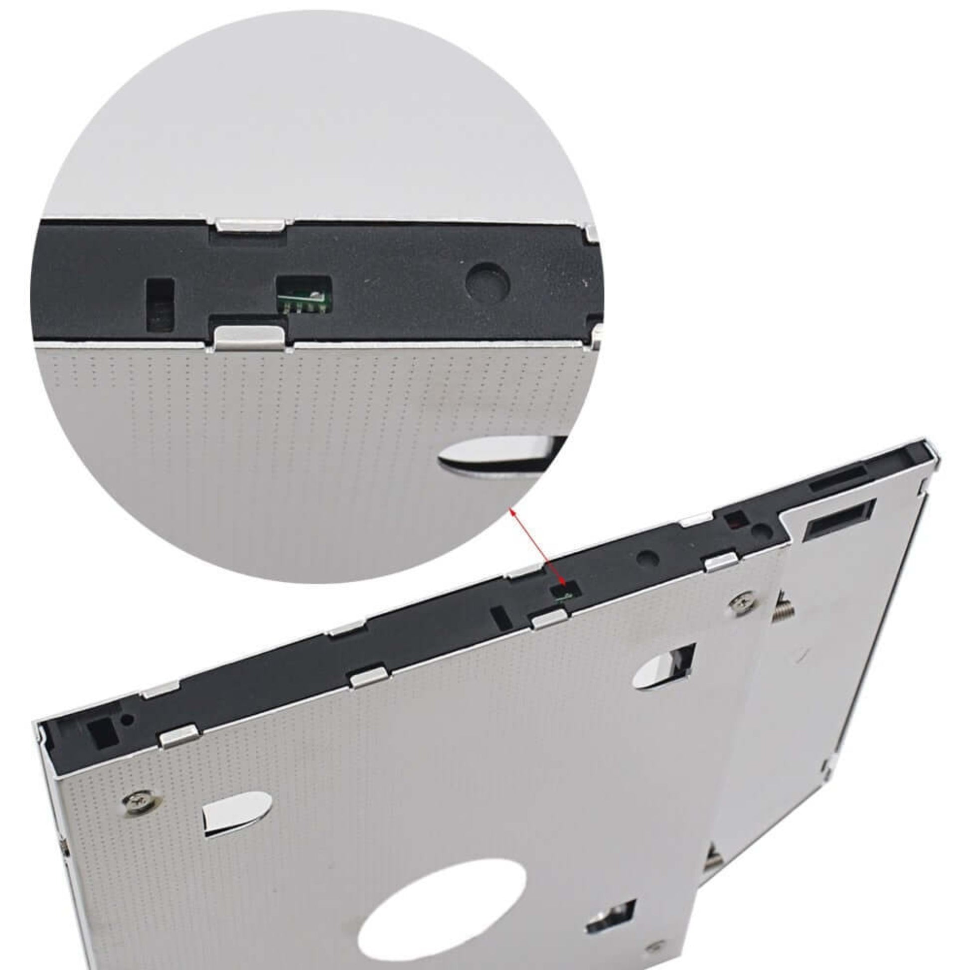 9.5mm SATA III 2.5" HDD/SSD caddy for laptops, showing detailed design and connectors for easy installation.