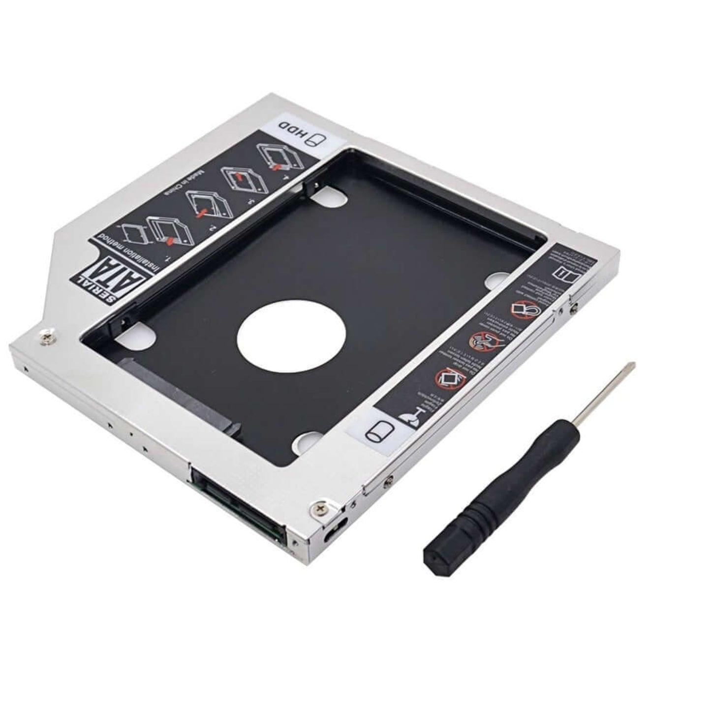9.5mm SATA III HDD/SSD caddy for laptops with screwdriver, designed for easy storage expansion.
