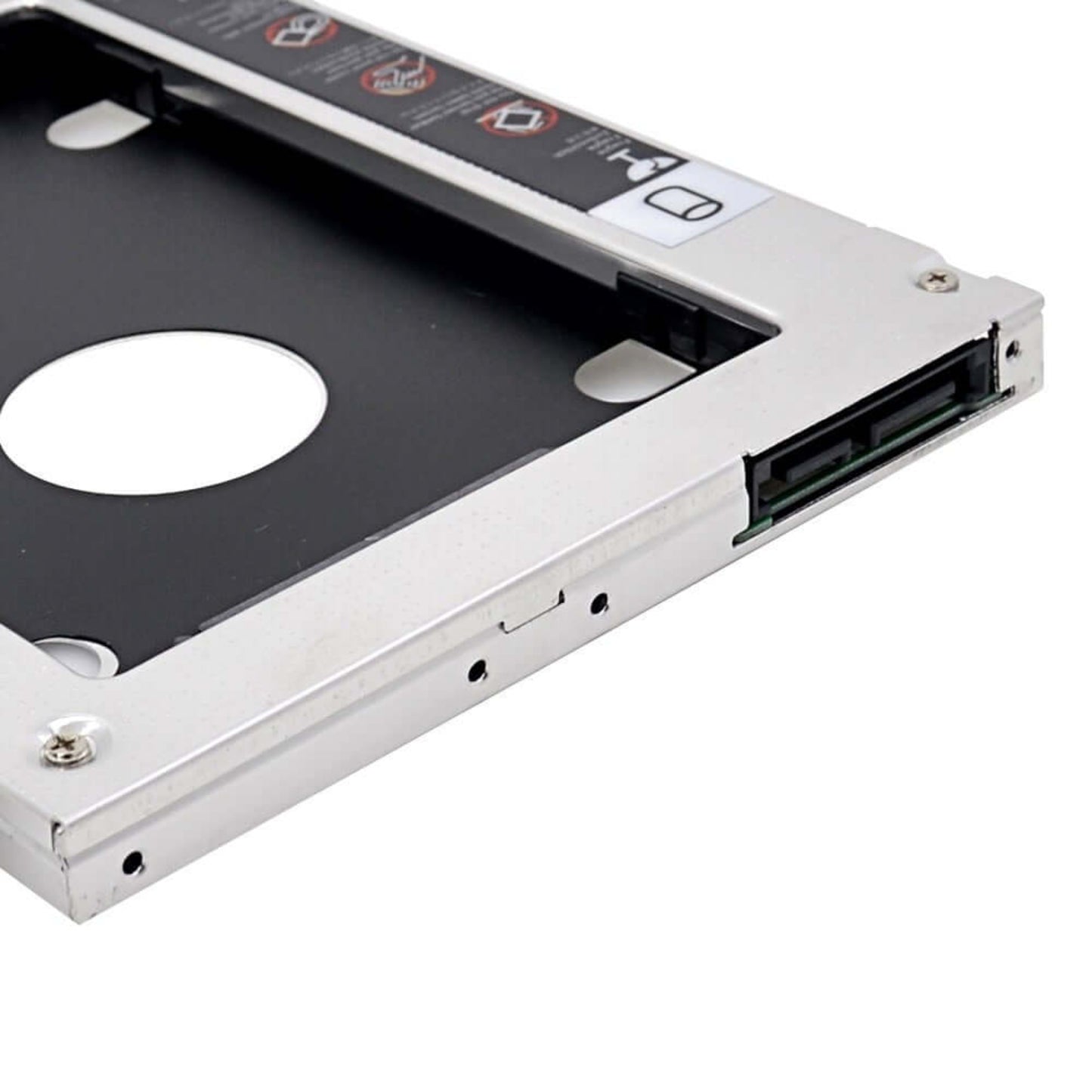 9.5mm SATA III HDD/SSD caddy for laptops, ideal for adding storage or replacing optical drives.