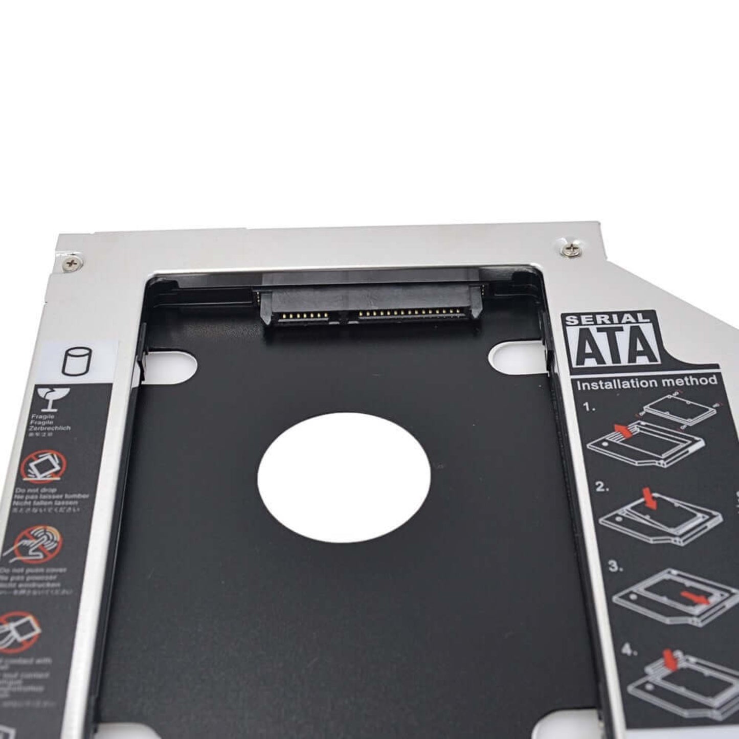 Close-up of a 9.5mm SATA III HDD/SSD caddy, showing installation instructions and connector details.
