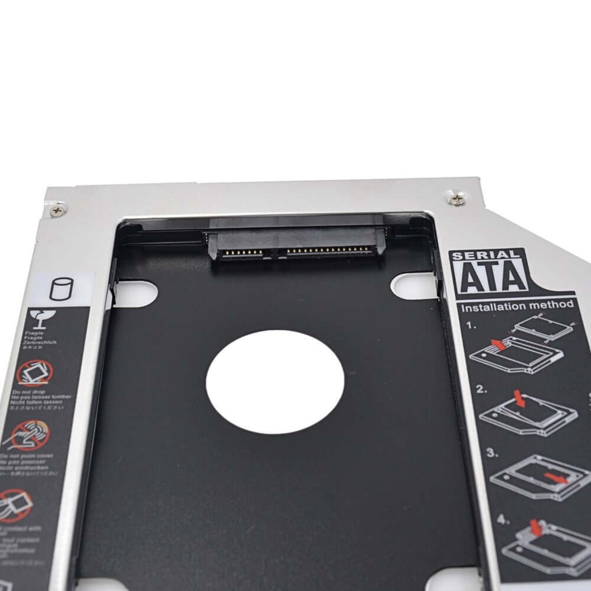 Close-up of a 9.5mm SATA III HDD/SSD caddy, showing installation instructions and connector details.