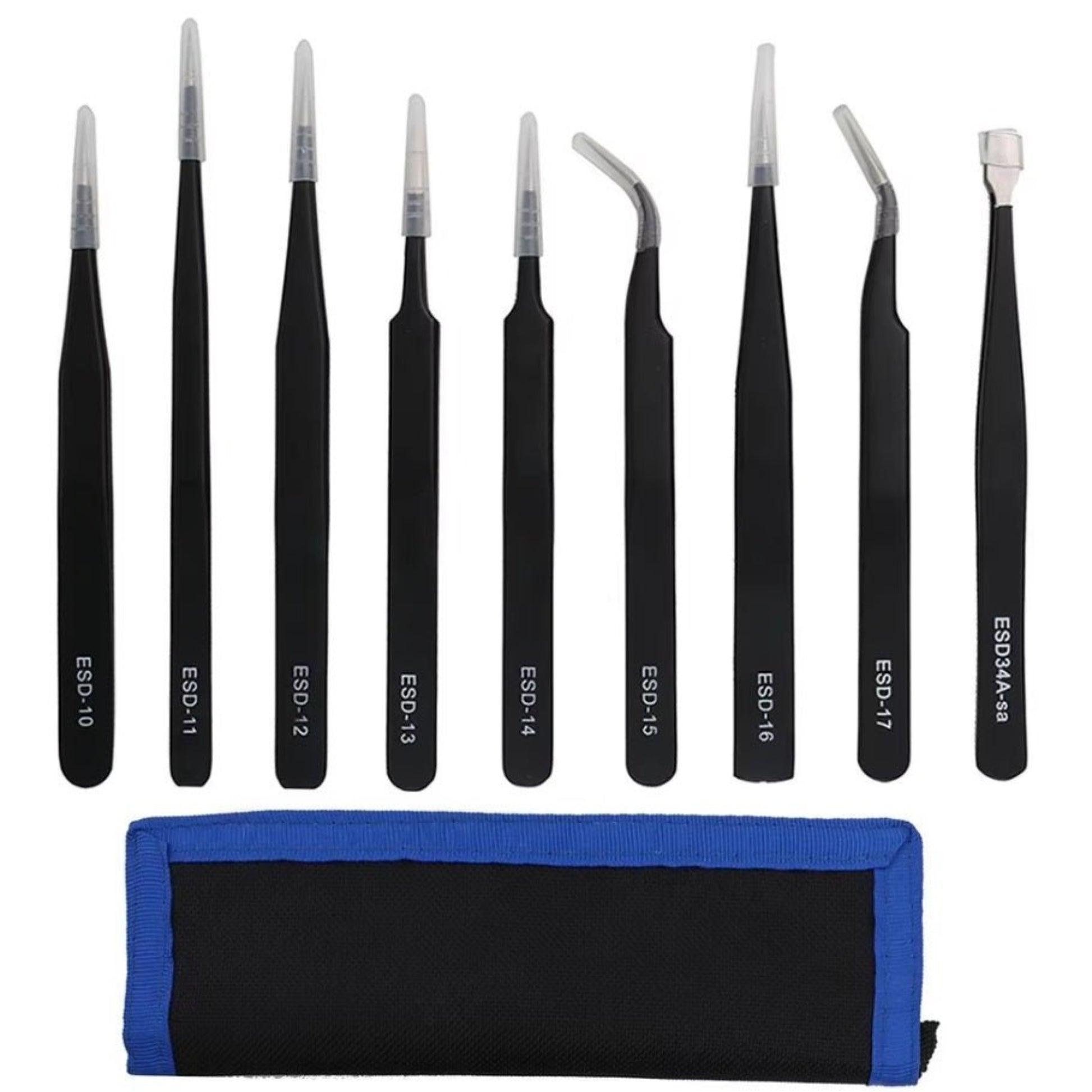 9pcs stainless steel black tweezers set with ESD labels in a storage pouch for electronics and jewelry repair.