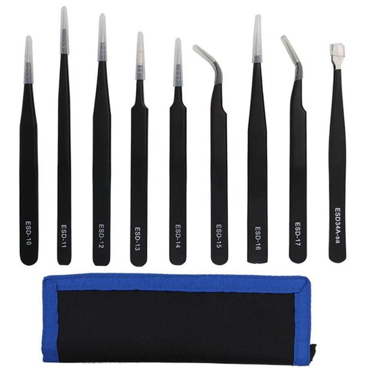 9pcs stainless steel black tweezers set with ESD labels in a storage pouch for electronics and jewelry repair.